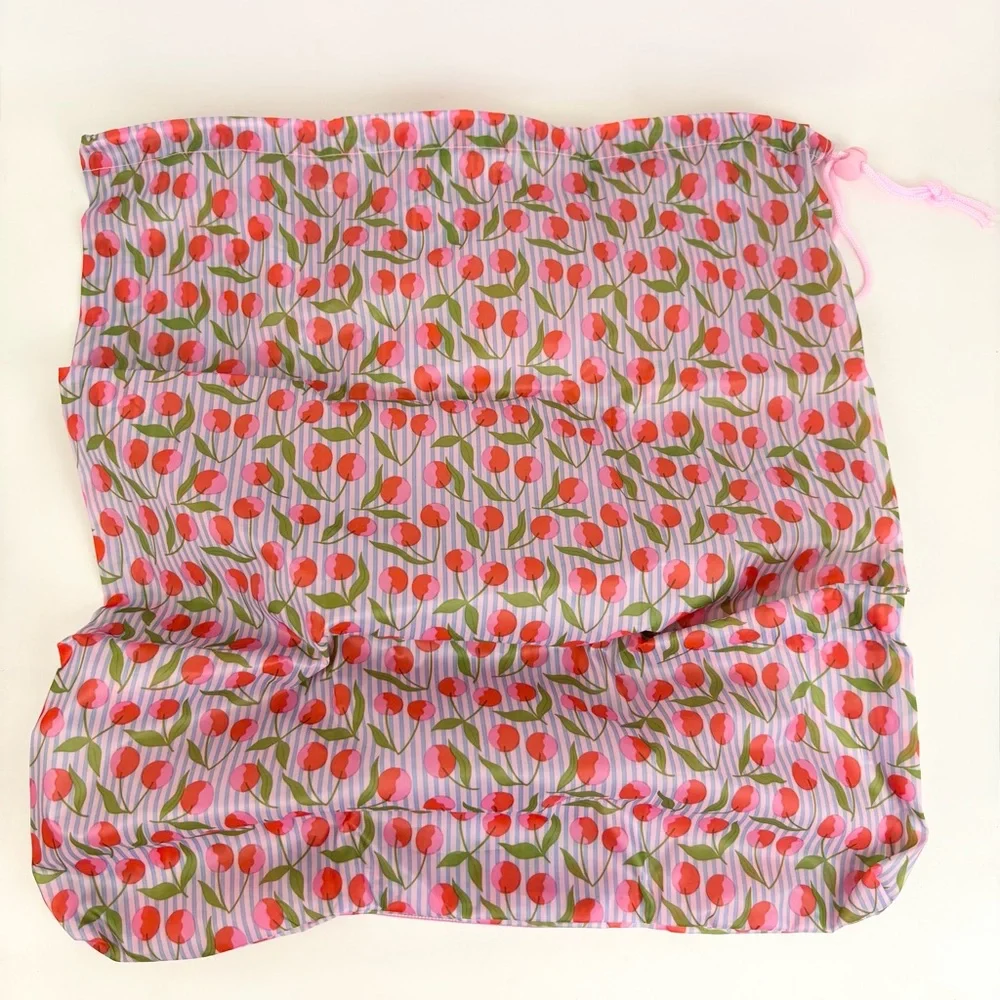 Foldable Zip Pouch Travel Cherry Blue Pinstripes Wash Me Laundry Bag New NWT